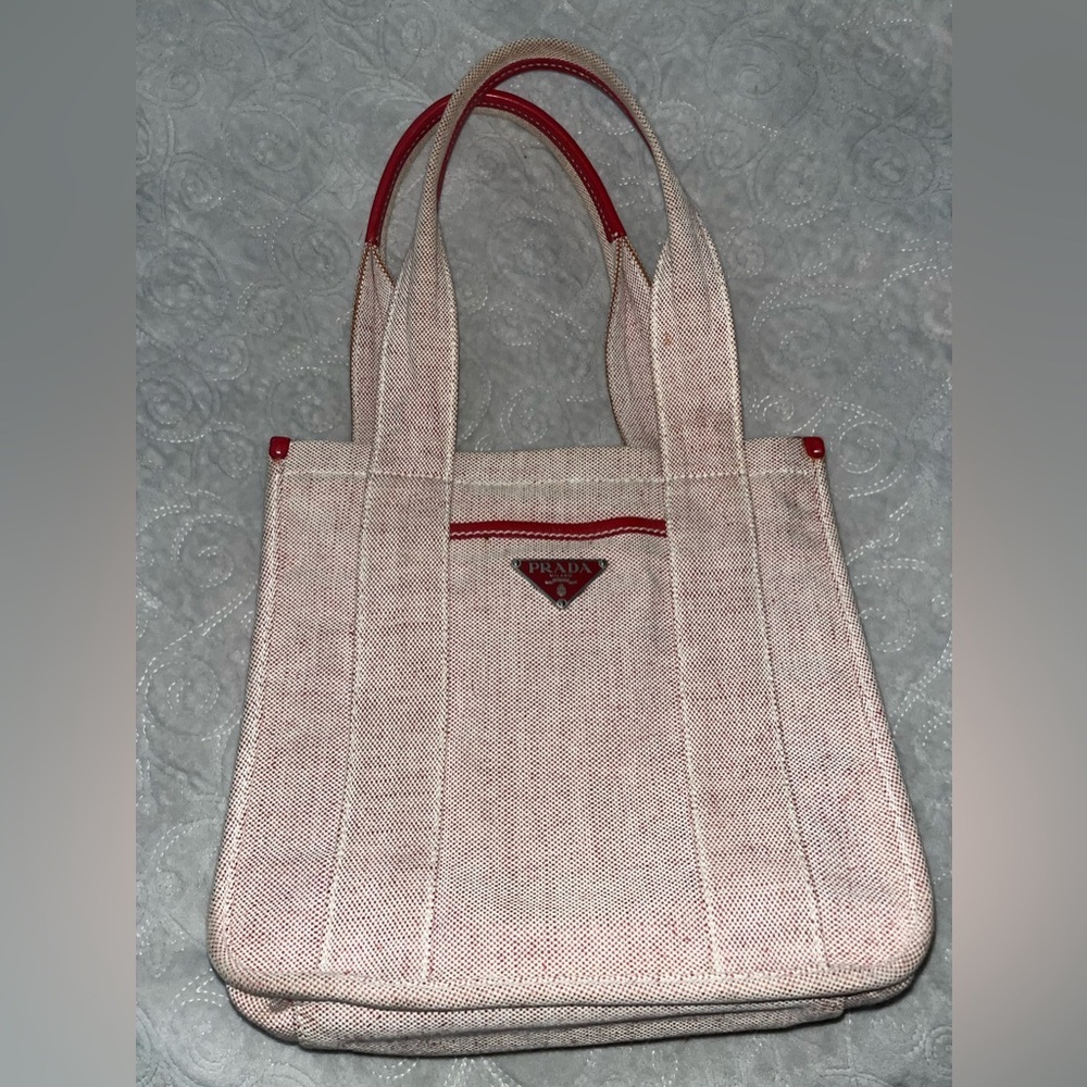Prada Authentic Canvas Tote with Red Leather Trim